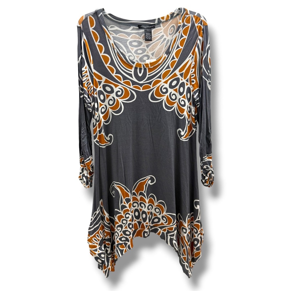Grace Elements Grey Burnt Orange Medallion Sharkbite Tunic Top L Ruched NWT
